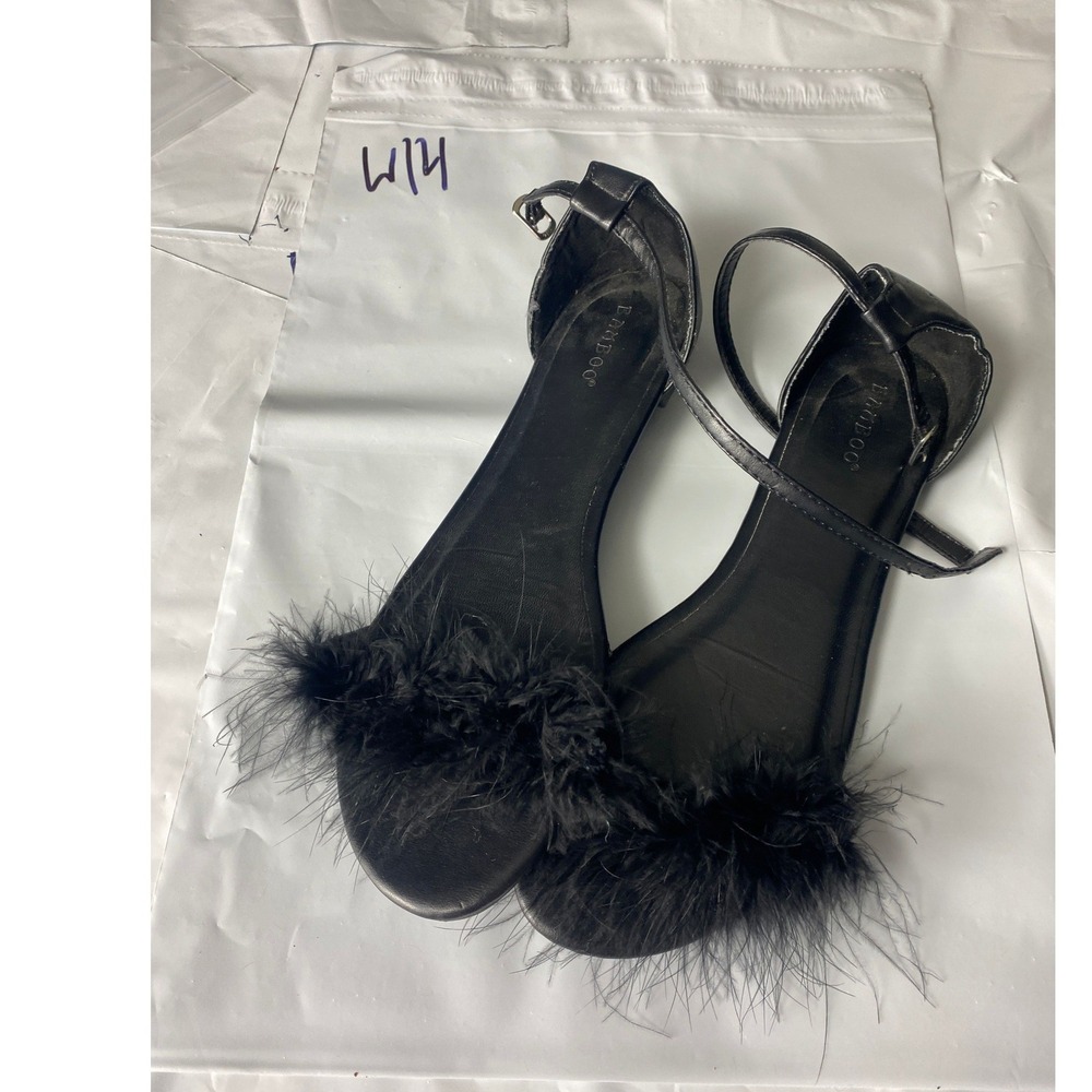 Bamboo Womens Black Faux Fur Ankle Strap Flats Pointed Toe Size 10‎